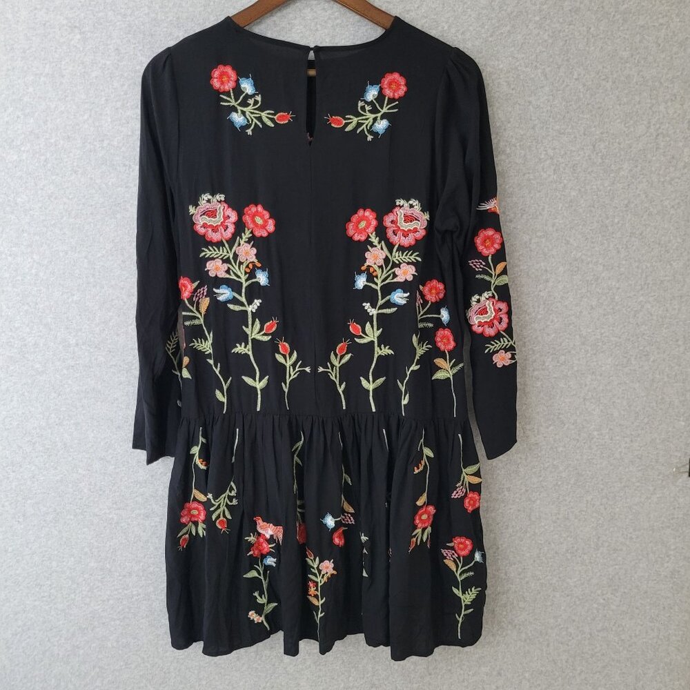 Zara Womens Midnight Garden Black Floral Embroidered Swing Dress Size M/L Boho - Picture 3 of 14